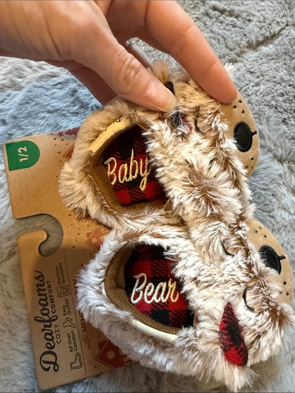 dearfoams Kids Plush Bear Slippers in Tan with Red Plaid Ears